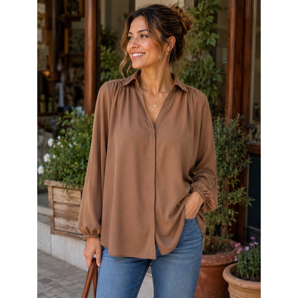 Button Down Top Women L Mocha Brown Long Sleeve Pleated Dark Academia  Earthy